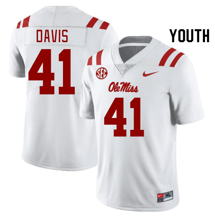 Youth #41 Caden Davis Ole Miss Rebels College Football Jerseys Stitched Sale-White